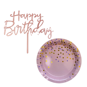 KIT PLATOS ROSA CONFETI COLORES Y CAKE TOPPER