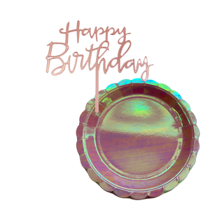 KIT PLATOS HOLOGRAFICO/ROSA Y CAKE TOPPER