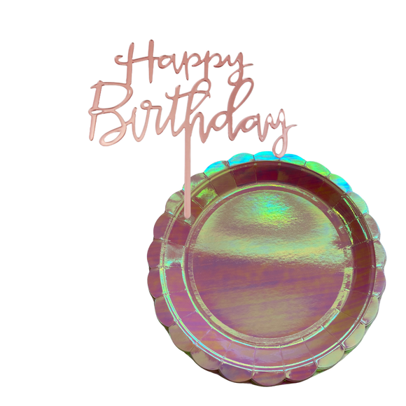 KIT PLATOS HOLOGRAFICO/ROSA Y CAKE TOPPER